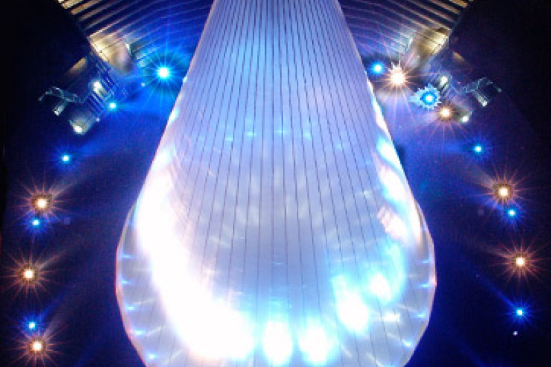 Im Kreis blau und rot angeordnete Lichter mit einem weißen Kegel in der Mitte