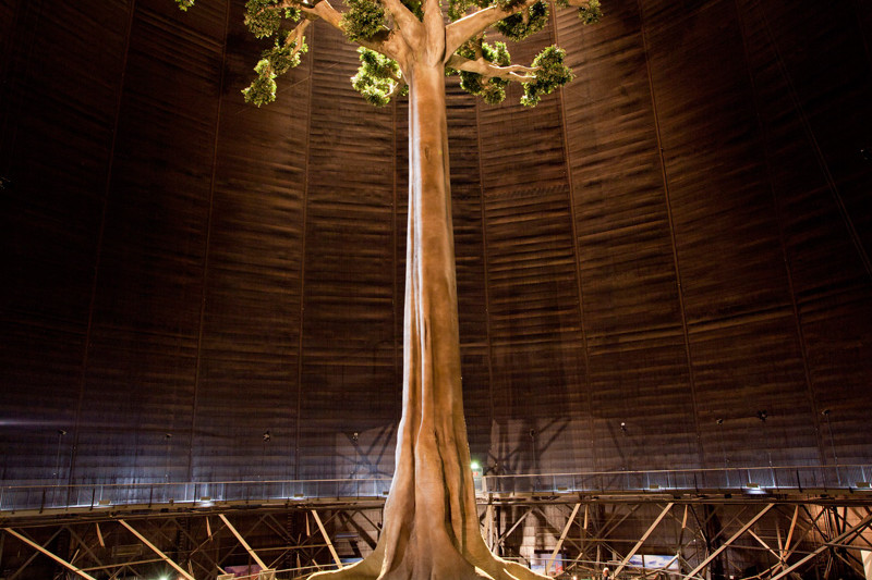Von vorne fotografierte Baummontage im Inneren des Gasometers